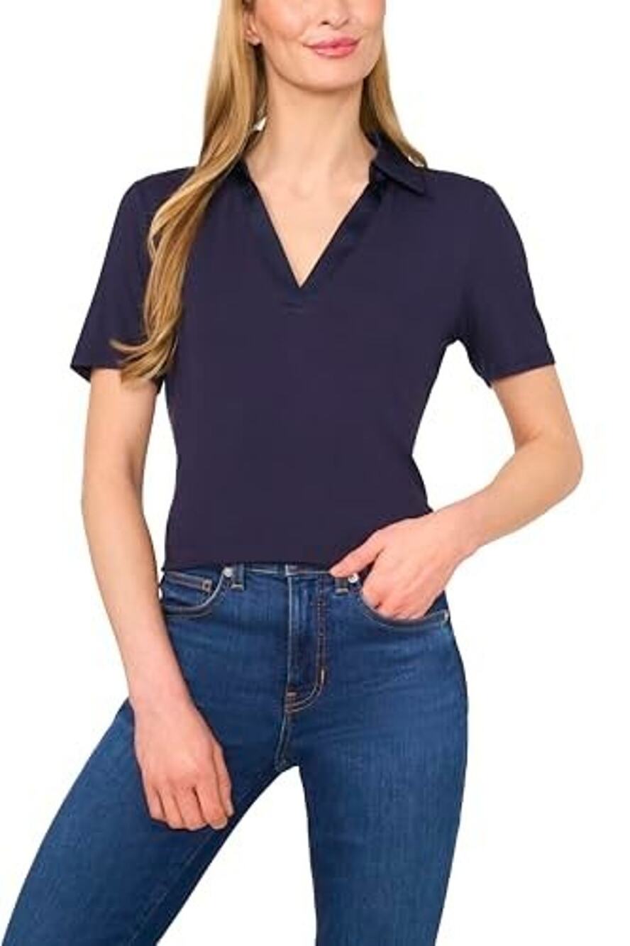 CeCe Women's Short Sleeve Knit Polo Top Navy Size L 3614